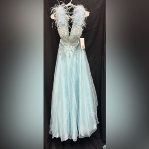 Mac Duggal 11796 NWT Elegant Light Blue Gown with Feather Details *Sample Dress